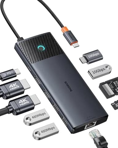 Baseus Docking Station Dual Monitor,10 Gbps 10 in 1 Docking Station con 2 HDMI Single 4K @120Hz, Dual 4K @ 60 Hz, 10 Gbps USB-A e USB-C, Gigabit Ethernet e PD 100 W per iPhone 15/Dell/HP/Lenovo e più