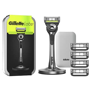 Gillette LABS RASOIO UOMO,con 5 LAMETTE DA BARBA di Ricambio, BASE MAGNETICA e BARRA INTEGRATA Elimina Impurità Pelle,Rasatura Facile,Comfort Ottimale, Manico Confortevole, CUSTODIA DA VIAGGIO,Grigio