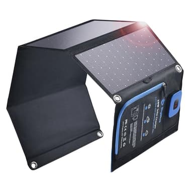 BigBlue 28W Caricabatterie Solare Portatile 2 Porte (USB-C/USB-A), Pannelli Solari IP44 Impermeabili con Amperometro Digitale per Dispositivi Ricaricabili Via iPhone Android GoPro ECC