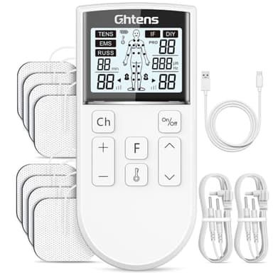 GHTENS 5 in 1 Elettrostimolatore Muscolare Professionale, Ricaricabile 80 Modalità con TENS/EMS/RUSS/IF/DIY Massaggio, 2 Canali, 16 Intensità per Alleviare il Dolore