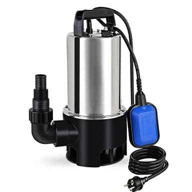 Pompa Acque Scure Pompa per Acque Sporche Pompa Sommergibile Inox da 1100W (max 16500 l/h, testa max. 9,5 m, particelle di sporco: 35 mm) con interruttore a galleggiante e maniglia per il trasporto