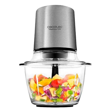 Cecotec Tritatutto ChopBeat 2000 Vindaloo Glass, 500W di Potenza, Tritura, Taglia e Affetta, Lama con 4 Lame in Acciaio Inossidabile, 2 Velocità, Ciotola in Vetro da 500g