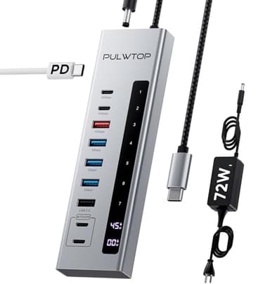 PULWTOP Hub USB C alimentato, 10 in 1 HUB USB-C con 3 x USB A/C 10 Gbps, 3 x USB-A 5 Gbps, USB A 2.0, 100W USB-C PD, 2 x 24/45 W USB-C PD Data Hub di ricarica per PC/laptop (adattatore 72 W incluso)