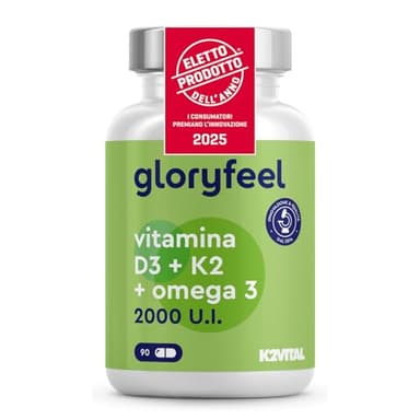 Vitamina D3 + K2 + Omega 3, 90 Capsule Softgel, 2000UI Vitamina D, 100 µg Vitamina K, 1000mg Olio di Pesce 400mg EPA e 300mg DHA, Vit D3 Colecalciferolo + Vit K2 MK7 99% (K2VITAL® di Kappa) + Fish Oil