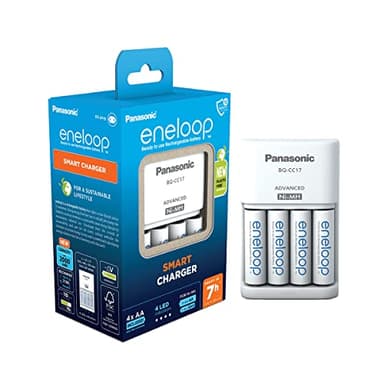 eneloop Smart caricabatterie, per 1-4 batterie ricaricabili AA/AAA, 7 ore tempo di ricarica, 7 funzioni di sicurezza, 4 batterie eneloop AA (2000 mAh) incluse