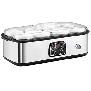 HOMCOM Yogurtiera Elettrica 25W con 8 Vasetti Inclusi, Timer 1-48 Ore e Temperatura Regolabile 20-50°C, 36x18.8x14cm, Argento