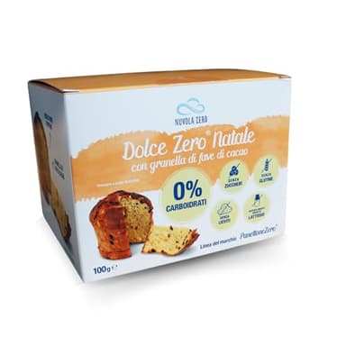 Nuvola Zero - Dolce Zero Natale Senza Glutine e Senza Lattosio, con Granella di Cacao Senza Zucchero e Senza Carboidrati, Ricco di Fibre, Sostituto Panettone in Monoporzione da 100g, Made In Italy