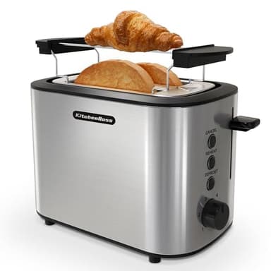 KitchenBoss Tostapane 2 Fette：Toaster 6 Livelli di Tostatura, Toaster Acciaio Inox 870W, Tostapane con Cassetto Raccoglibriciole e Griglia per il Pane, Funzione di Spegnimento Auto e Sbrinamento