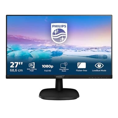 PHILIPS 273V7Qdab Monitor 27 Pollici Led Ips Full Hd, 4 Ms, 3 Side Frameless, Low Blue Mode, Flicker Free, HDMI, DVI, VGA, Attacco Vesa, Audio Integrato, Nero