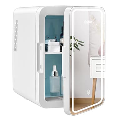 COSTWAY 10 L Mini Frigo Portatile 220 V AC/12 V DC con Specchio LED per Prodotti di Bellezza, Bevande, Frigo Termostatico e Riscaldamento per Auto, 23 x 28 x 34 cm