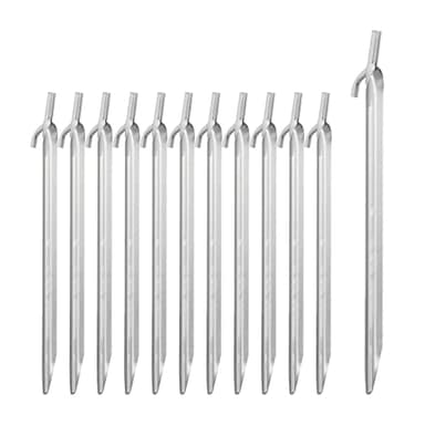 Relaxdays Set da 12 Picchetti da Tenda, Pioli Ancoraggio su Terreni Duri, Acciaio Zincato, con Ganci, L: 30 cm, Argento