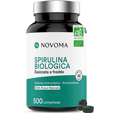 NOVOMA Spirulina Biologica 500 mg, 500 Compresse, Polvere Essicata a Freddo, Spirulina Pura e Naturale Senza Eccipienti, Fonte di Ficocianina, Proteine e Vitamine