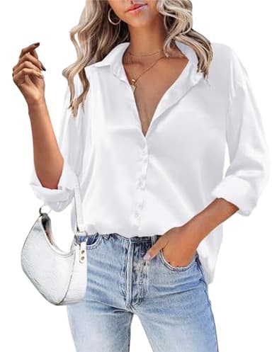 Zeagoo Camicia da donna in raso, con scollo a V, casual, elegante, a quadretti, in seta, a maniche lunghe, bianco, M