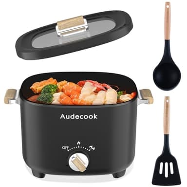 Audecook Hot Pot Elettriche 2.5L, Portatile Mini Antiaderente Pentola Elettrica per 1-3 Persone, Padella Elettrica Multifunzionale di Doppio Controllo per Pasta/Zuppa/Uova/Bistecca(Nero)