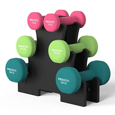 Proiron - Set di manubri da donna con supporto, 12 kg (1 kg, 2 kg, 3 kg per coppia), set di pesi in neoprene per tonificare il corpo, cardio, bodybuilding, in palestra e a casa
