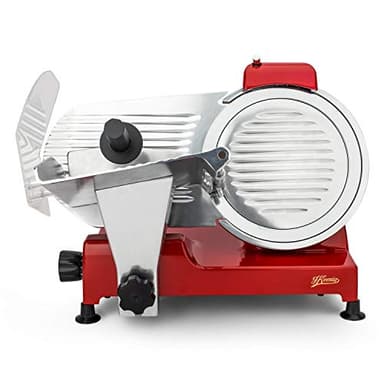H.Koenig Affettatrice elettrica MSX254, gastronomia, professionale, precisa, taglio 0-12 mm, lama 25 cm, affilatoio integrato, tavolo grande, 282 giri/min, Rosso