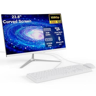 All-in-One Desktop PC 23.8 pollici Curvo Display Celeron N100 (fino a 3.4GHz) 8GB RAM 512GB SSD Dual Band WiFi Bluetooth 4.0 USB 2.0*2, USB3.0*4, LAN*1 HDMI*1 Audio*1 VGA*1 Completo di Tastiera e