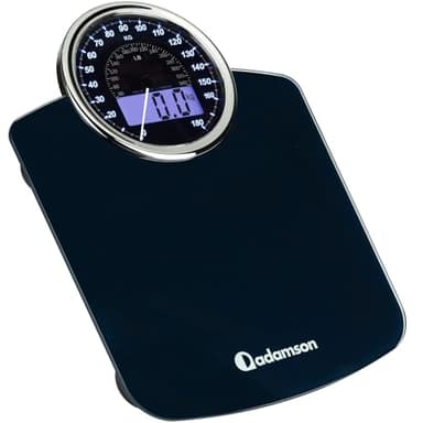 Adamson Bilancia Pesapersone Ibrida + NUOVO + Digitale & Analogica 2-in-1 - Fino a 180 kg - Ampio Display con Retroilluminazione + Robusto Vetro Temperato + Lettura Facile