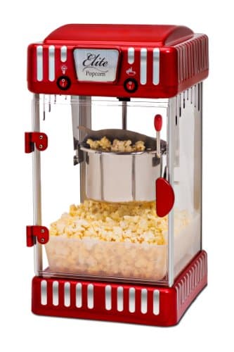 Elite Gourmet, Macchina per popcorn da tavolo EPM-250#, in classico stile retrò, 70,9 g, per popcorn al burro caldi come al cinema, rosso