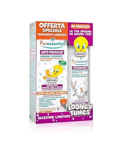 Puressentiel – Anti Pidocchi – Cofanetto trattamento completo - Edizione speciale Looney Tunes – Lozione trattante 100 ml con pettine + Shampoo Pouxdoux 200ml + spugna da bagno Titti in omaggio