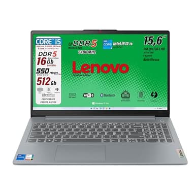 Lenovo, pc portatile, i5 12450H 8 Core, Ram DDR5 16Gb, Display IPS FHD 15,6", SSD 512Gb, Wi-Fi, Bt, USB, Thunderbolt 4.0, Tastiera retroilluminata, fingeprint integrato, Win11 Pro, Pronto all'Uso