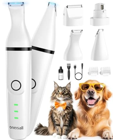 oneisall Tosatrice silenzioso per cani e gatti 4 in 1 completo, tagliacapelli ricaricabile per cani, taglia zampe e affila artigli con 4 testine multiuso per la depilazione di tutto il corpo (Bianco)