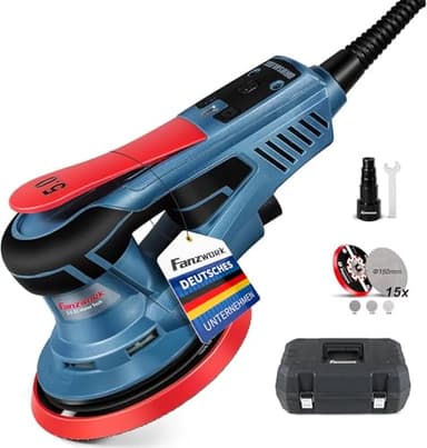 FANZTOOL Levigatrice Rotorbitale Senza Spazzole, 5,0 mm Levigatrice Orbitale, Motore EC 350 W, 7 Velocità, 18 Dischi Abrasivi a Rete (P80/120/240),Platorello 150 mm, Valigetta.Ideale per la Levigatura