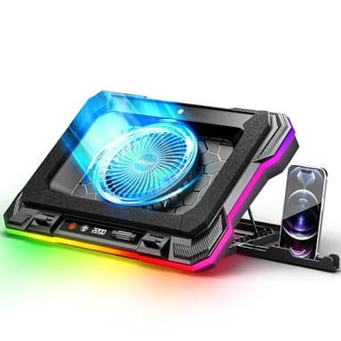 Tappetino di Raffreddamento per Laptop Potente Ventola Turbo RGB, MOOJAY Ventola PC Portatile Supporto, con 8 Altezze Regolabili and Supporto Telefono, per 14-19" Laptops - Luce LED Blu Ghiaccio
