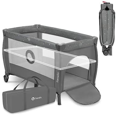 lionelo Stefi Plus Box Lettino neonato da viaggio pieghevole con 2 liveli Dalla nascita fino a 3 anni Materasso in schiuma di alta qualità Entrata laterale Pareti in rete (Grey Multicolor, STEFI PLUS)