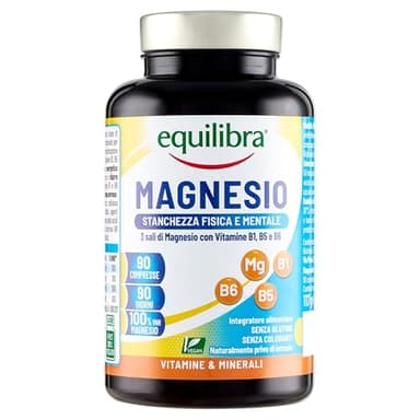 Equilibra Integratori Alimentari, Magnesio, Integratore per la Stanchezza Fisica, Mentale e la Funzione Muscolare, a Base di 3 Sali di Magnesio, Vitamine del Gruppo B, Vegan, Gluten Free, 90 Compresse