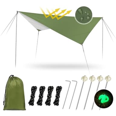 Tenda Parasole da Campeggio Tarp Telone, 210T Poliestere Ripstop Anti-UV e Anti-Pioggia, Tenda Spiaggia Impermeabile Pieghevole Portatile con Paracord e Picchetti Luminosi e Borsa Portaoggetti