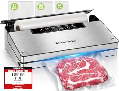 Bonsenkitchen Macchine Sottovuoto Alimenti, 5 Modalità di Sottovuoto Alimenti,8 L/min,Tecnologia Globefish per Lavoro Continuo ad Alta Velocità,Include 100 Sacchetti Sottovuoto e 1 Sacchetto in Rotolo