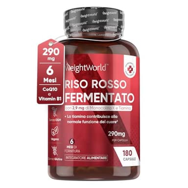 Riso Rosso Fermentato, 2,9 mg, Monacolina K, Vitamina B1 Tiamina Coenzima Q10 (6 mesi) 1 Capsula al Giorno di Integratore Riso Rosso, 180 Riso Rosso Fermentato Capsule, Lievito Riso Rosso Integratore