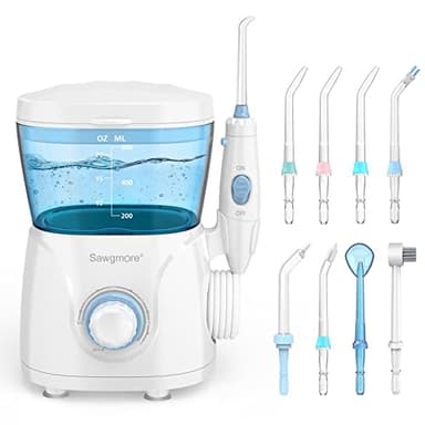 Sawgmore Idropulsore Dentale, irrigatore orale professionale con 8 ugelli multifunzionali, 10 impostazioni di pressione dell'acqua, capacità 600 ml, per Cura Famiglia e Cura Dentale