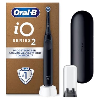 Oral-B iO 2 Spazzolino Elettrico Oral B, Nero, 1 Testina Di Ricambio, 1 Spazzolino, Custodia Da Viaggio, Supporto per Testine, Delicato sulle Gengive, Efficace sulla placca, Sensore di Pressione
