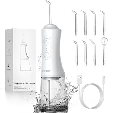 Idropulsore Dentale DIHOOM, Irrigatore Orale 300ml Professionale 3 Modalità e 8 Ugelli, Water Flosser USB Ricaricabile e IPX7 Impermeabile Idropulsore Dentale Portatile pe (Bianco)