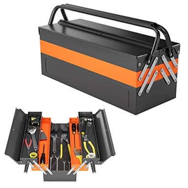 GYMAX Cassetta degli Attrezzi in Metallo, Cassetta Porta Utensili a 5 Ripiani con Organizzatore Pieghevole a 3 Livelli, Organizzer Portatile Pieghevole con Occhielli per Lucchetto