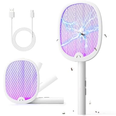 YISSVIC 3 in 1 Racchetta Zanzare Elettrica Pieghevole 4000V con USB Ricaricabile e LED Trappola per Zanzare 1800mAh Adatto per Interni ed Esterni