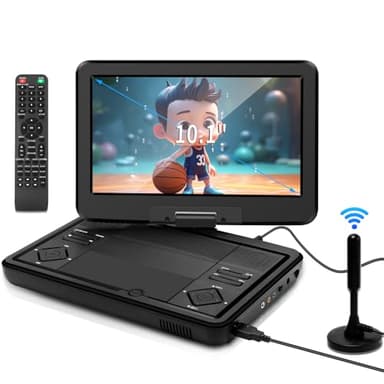 KCR Lettore DVD portatile da 10,1 pollici TV incorporata DVB-T2 con schermo LED girevole e/USB/HDMI/AV, batteria ricaricabile e doppio altoparlante stereo, piccola TV per bambini in auto da viaggio