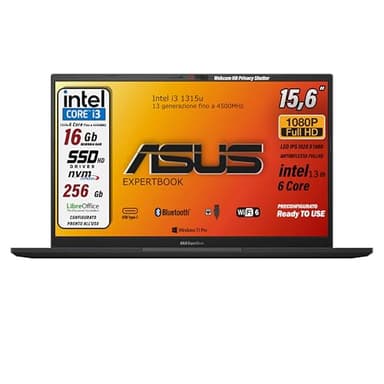 ASUS notebook, pc portatile, Cpu Intel i3 di 13Th 6Core, Ram 16 Gb, SSD Pci Nvme da 256 Gb, 15,6 FHD, wi-fi 6, 4 Usb, Bt, Intel UHD, Win 11 Pro, Libre Office, pronto All'uso Gar. Italiana