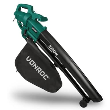 VONROC Soffiatore 3-in-1 3300W elettrico a filo - Soffia, aspira e tritura - Velocità dell'aria 270km/h - Sacco di raccolta da 40L, tracolla inclusa con ruote - Potente soffiatore per foglie a vuoto