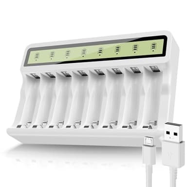POWEROWL - Caricabatterie Pile Ricaricabili AA AAA, Funzione di Ricarica Rapida USB, Rilevamento Intelligence Della Batteria, per 8 batterie ricaricabili Ni-MH Ni-CD