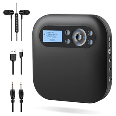 Lettore CD Portatile, DESOBRY Lettore CD Bluetooth con Altoparlanti, Discman CD Player Ricaricabile per Auto con FM, Anti-Skip, Schermo LCD, Lettore CD Portatile con Doppio Jack per Cuffie