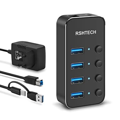 RSHTECH Hub USB 3.0/USB C Alimentato a 4 Porte, Alluminio Hub USB con Alimentazione 10W(5V/2A), cavo Dati Ibrido 2 in 1 (Type A/Type-C) e Interruttore Indipendente USB Hub, RSH-ST04