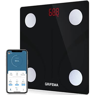 GRIFEMA Bilancia con app, digitale Bluetooth, personale con analisi massa muscolare e del grasso corporeo, per BMI, proteine, nera[Esclusiva Amazon]