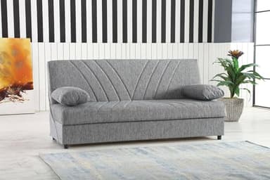 Dmora - Divano letto 3 posti Ramon, Divano contenitore 2 cuscini inclusi, Sofà da soggiorno in tessuto con apertura click-clack, 181x81h88 cm, Grigio