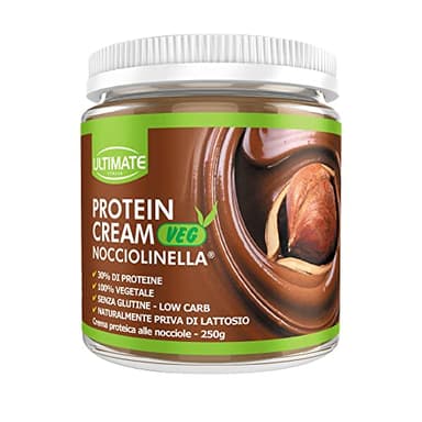 Ultimate Italia - Crema proteica al 30% spalmabile, senza zuccheri - 250g - gusto nocciola - senza lattosio e glutine - 100% vegetale - poche calorie, con vitamine