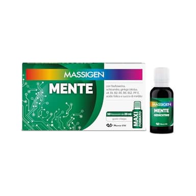 Massigen - Tonico Mente, Gusto Ciliegia, Integratore per Funzioni Intellettive con Fosfoserina e Ginkgo Biloba, 10 Flaconcini da 25 ml, Senza Glutine