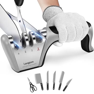 longzon Affilacoltelli Professionale, 4 in 1 Affila Coltelli da Cucina con Due Guanti Antitaglio, Affilacoltelli Manuale per Coltelli Dritti, Forbici, Sicuro e Facile da Usare