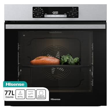 Hisense BI64213E4PX, Forno Multifunzione Termoventilato, Cavità XXL 77L, Pulizia Pirolitica, 13funzioni di cottura, Funzione pizza 300°C, Cottura AirFry, Display Led, Soft closing, Guide telescopiche